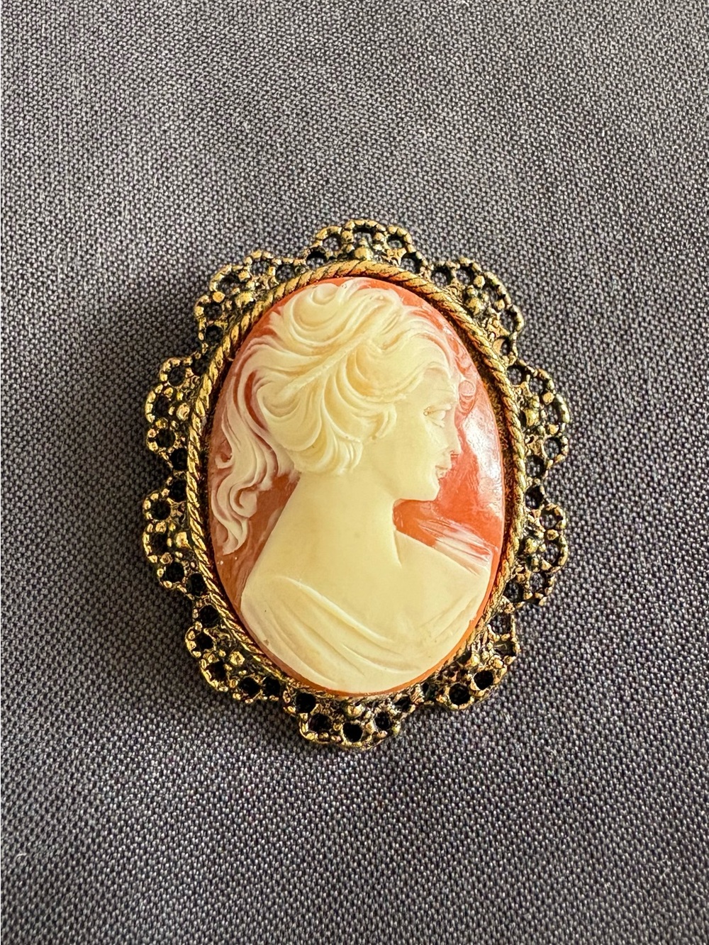 Vintage Style Cream and Coral Cameo Brooch